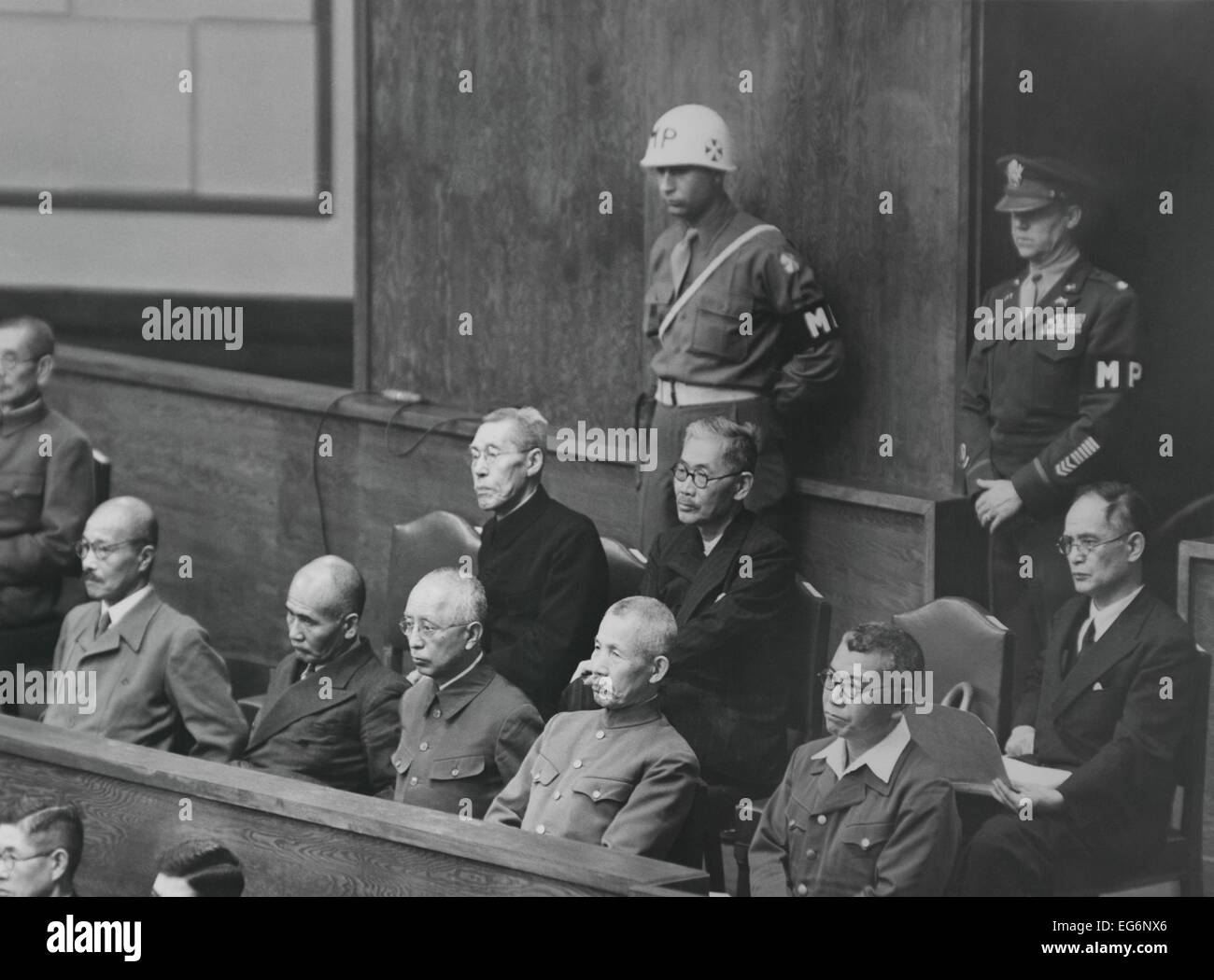 War crimes defendants in the dock at the Tokyo War Crimes Tribunal, May 21, 1946. Front row, at far left is Prime Minister and Stock Photo