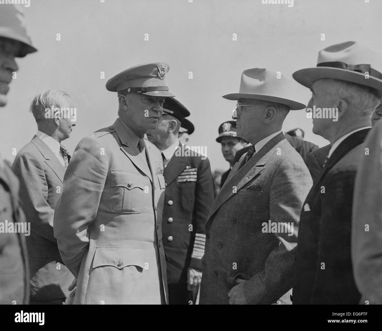 President Harry Truman and General Dwight Eisenhower enroute to the Potsdam Conference. Secretary of State James Byrne in at Stock Photo