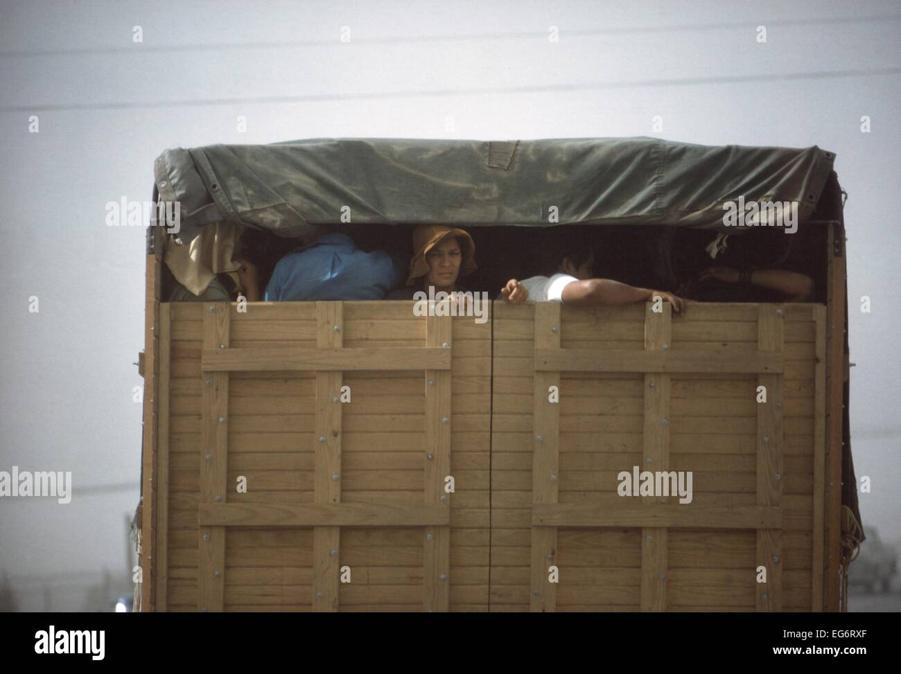 Migrant agricultural workers taking shelter in a truck during a dust storm, May 1972. Four