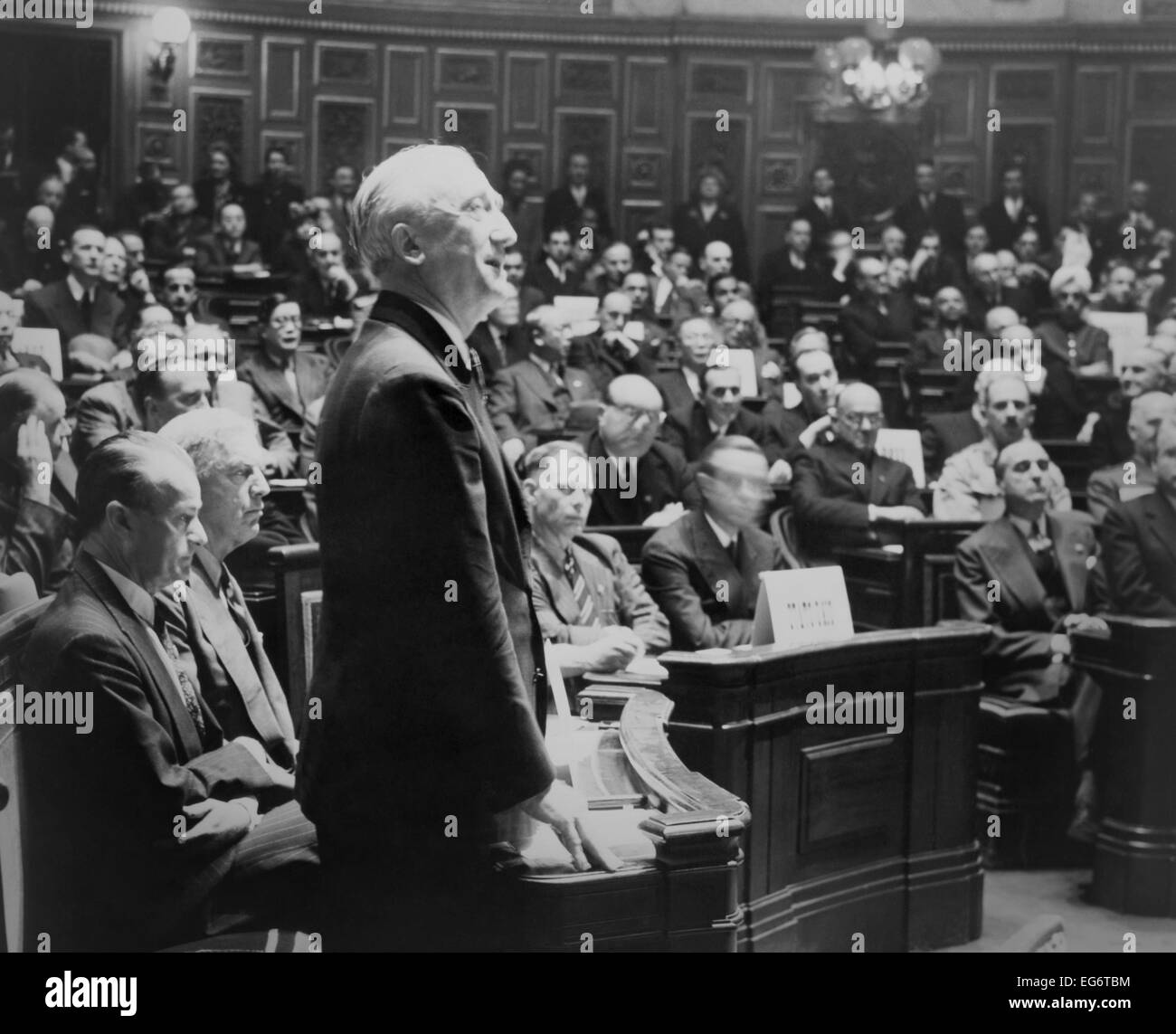 James Byrnes, U.S. Secretary of State addressing delegations at the Paris Peace Conference. Luxembourg Palace, Aug. 1, 1946. Stock Photo