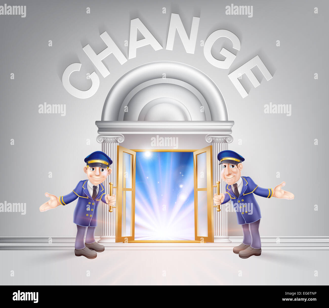 Change concept of a doormen hoding open a door to change with light streaming through it. Stock Photo