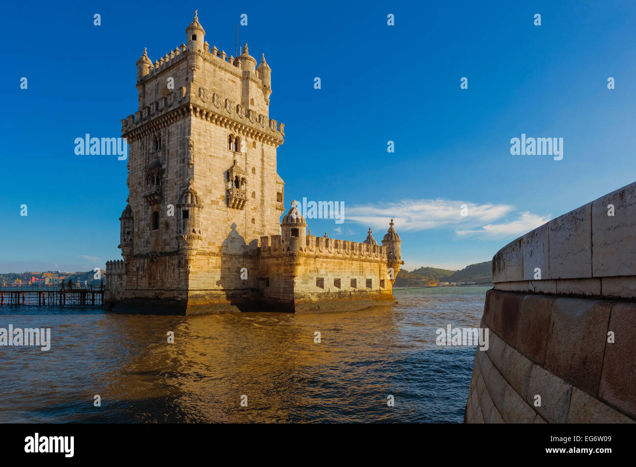 Lisbon, Portugal.  The 16th century Torre de Belem.  The tower is an important example of Manueline architecture and a UNESCO Wo Stock Photo