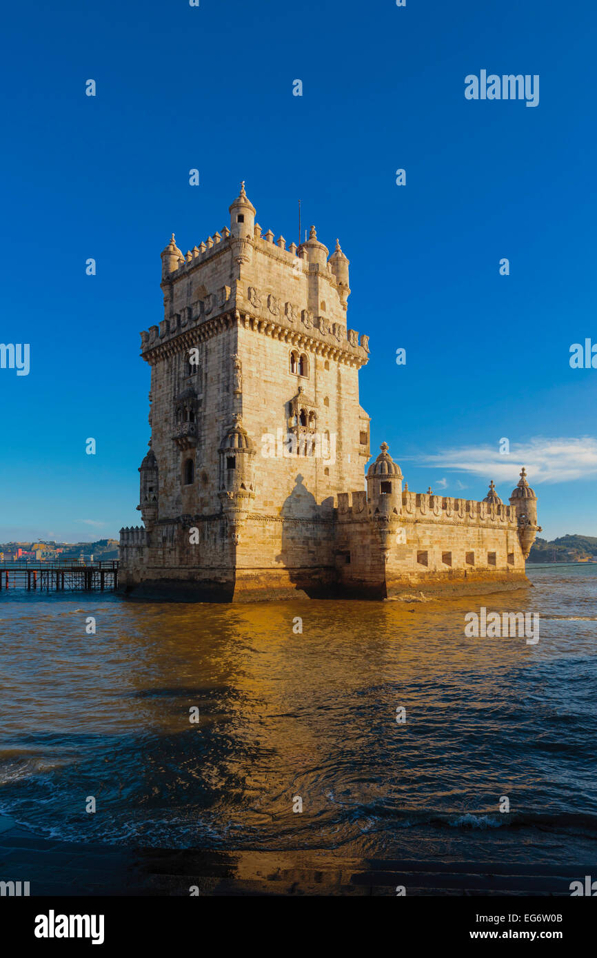 Lisbon, Portugal.  The 16th century Torre de Belem.  The tower is an important example of Manueline architecture. Stock Photo