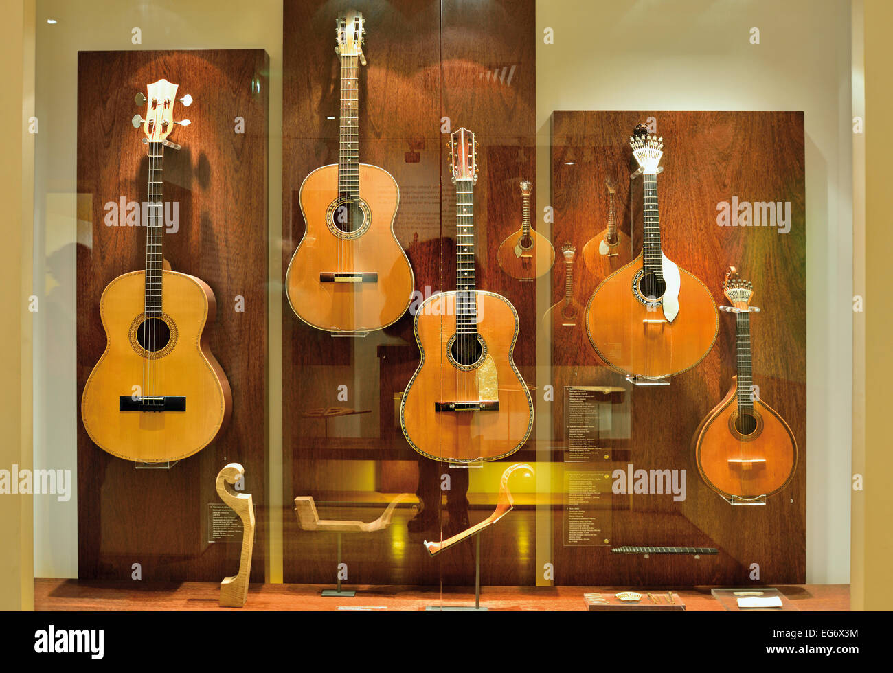 Portugal, Lisbon: Exposition of various types of guitars as well as the typical Portuguese Guitar in the Museum of Fado Stock Photo
