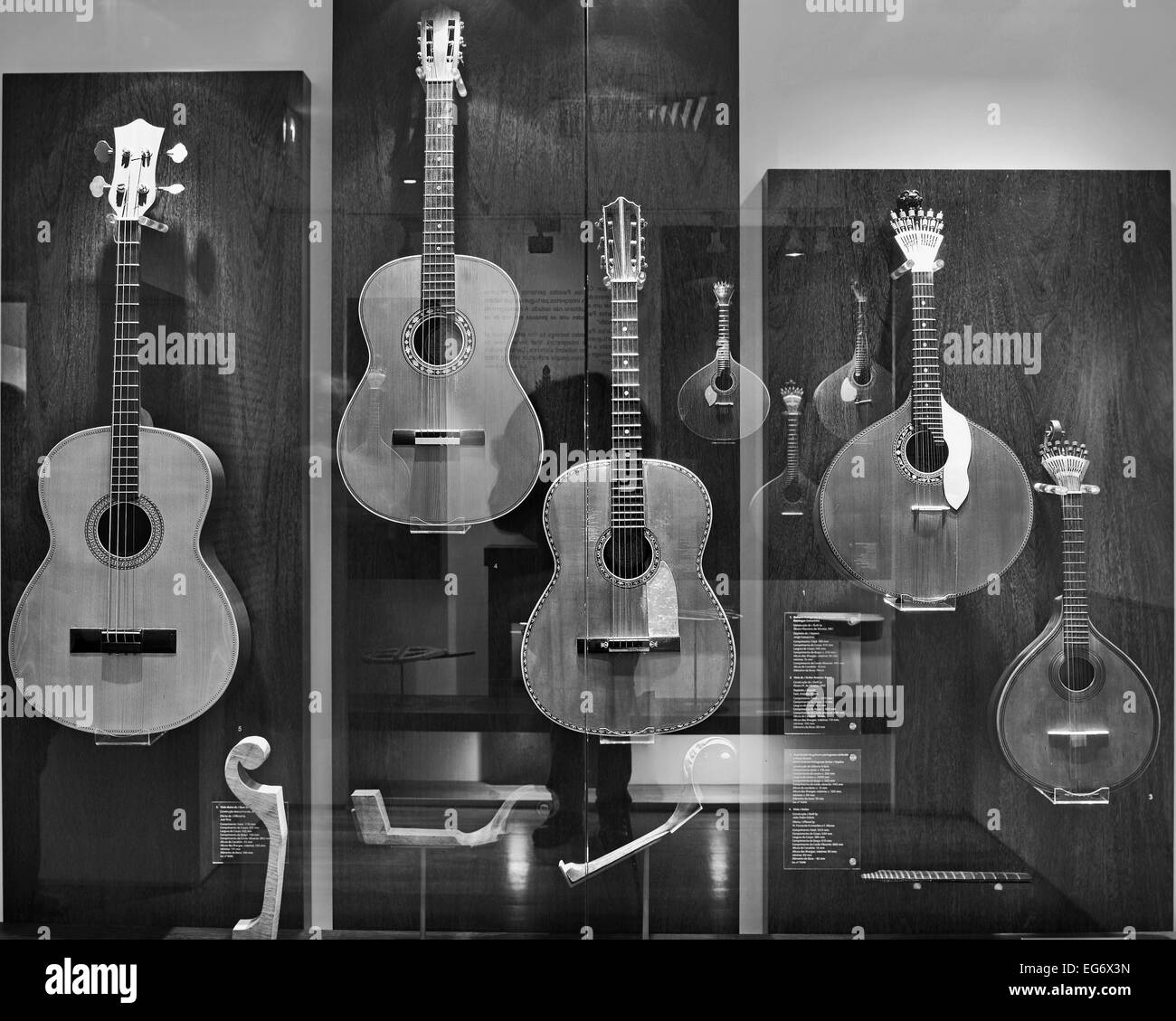 Portugal, Lisbon: Exposition of models of Fado guitars  in the Museum of Fado as black and white version Stock Photo