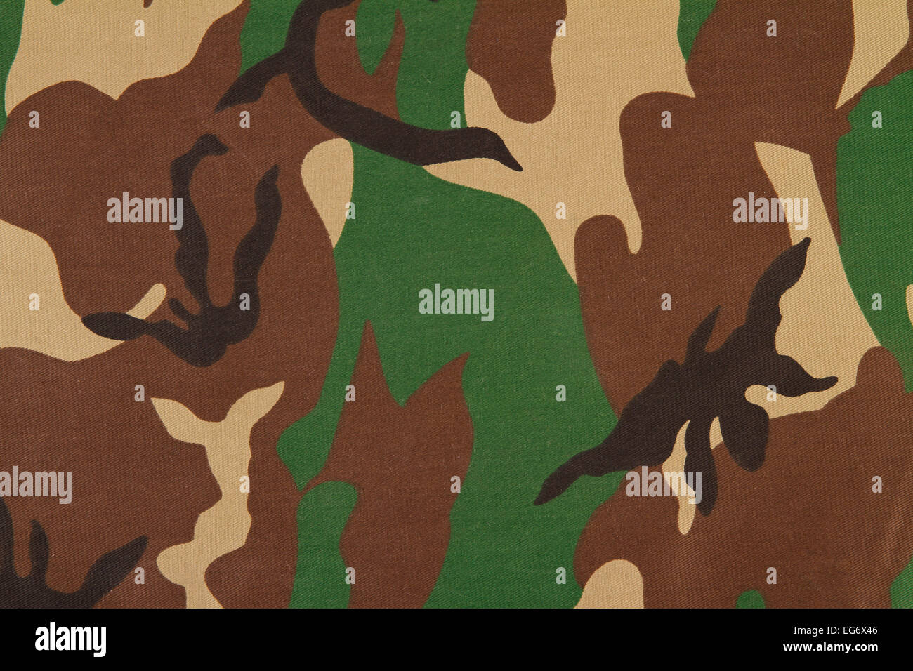 Camouflage pattern on cloth. Woodland style. Stock Photo