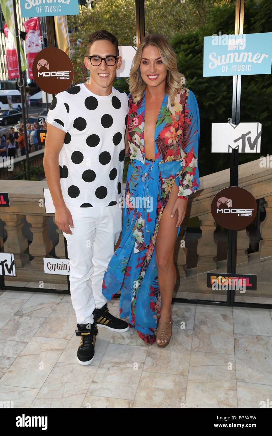 Sydney, Australia. 18 February 2015. Big Brother’s Jake Richardson and Lisa Clark arrive on the red carpet for the MTV Summer of Music event at Sydney Town Hall. Credit: Richard Milnes/ Alamy Live News Stock Photo