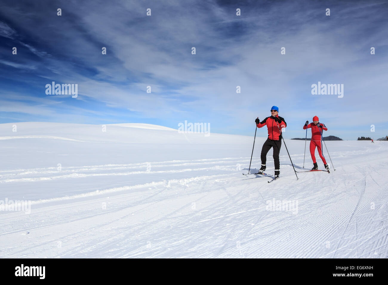 A group of cross-country skiers on the trail in Bavaria Stock Photo