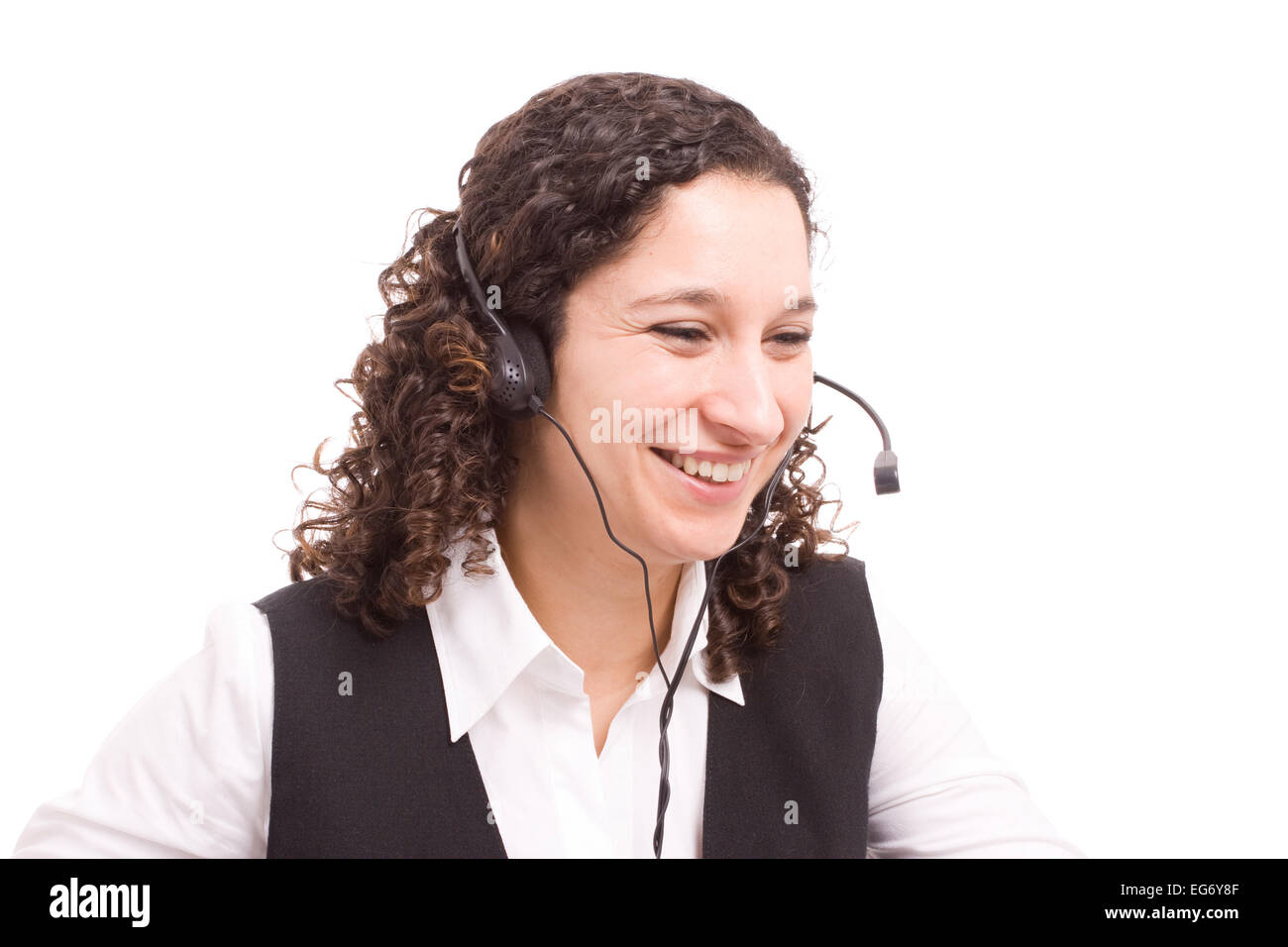 Friendly telephone operator working with laptop isolated Stock Photo Alamy