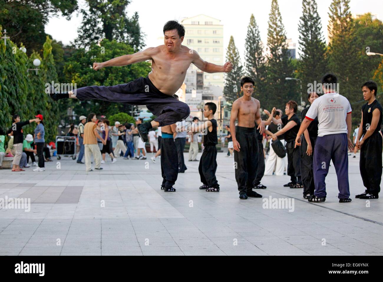 Early-morning kung fu exercises at Le Van Tam Park in Ho Chi Minh City, Vietnam. Stock Photo