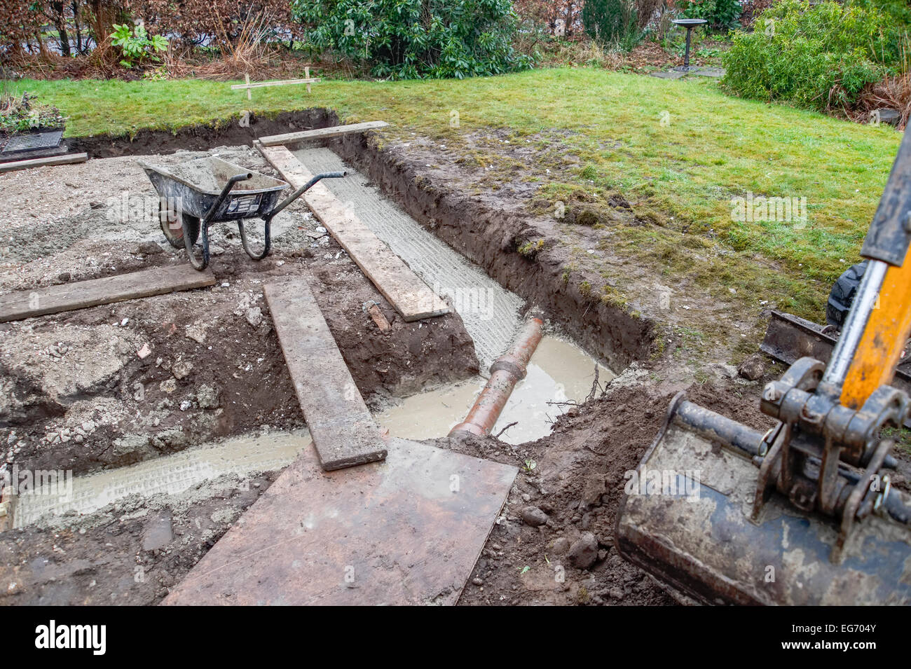 A dug trench for footings foundations for a domestic extension home