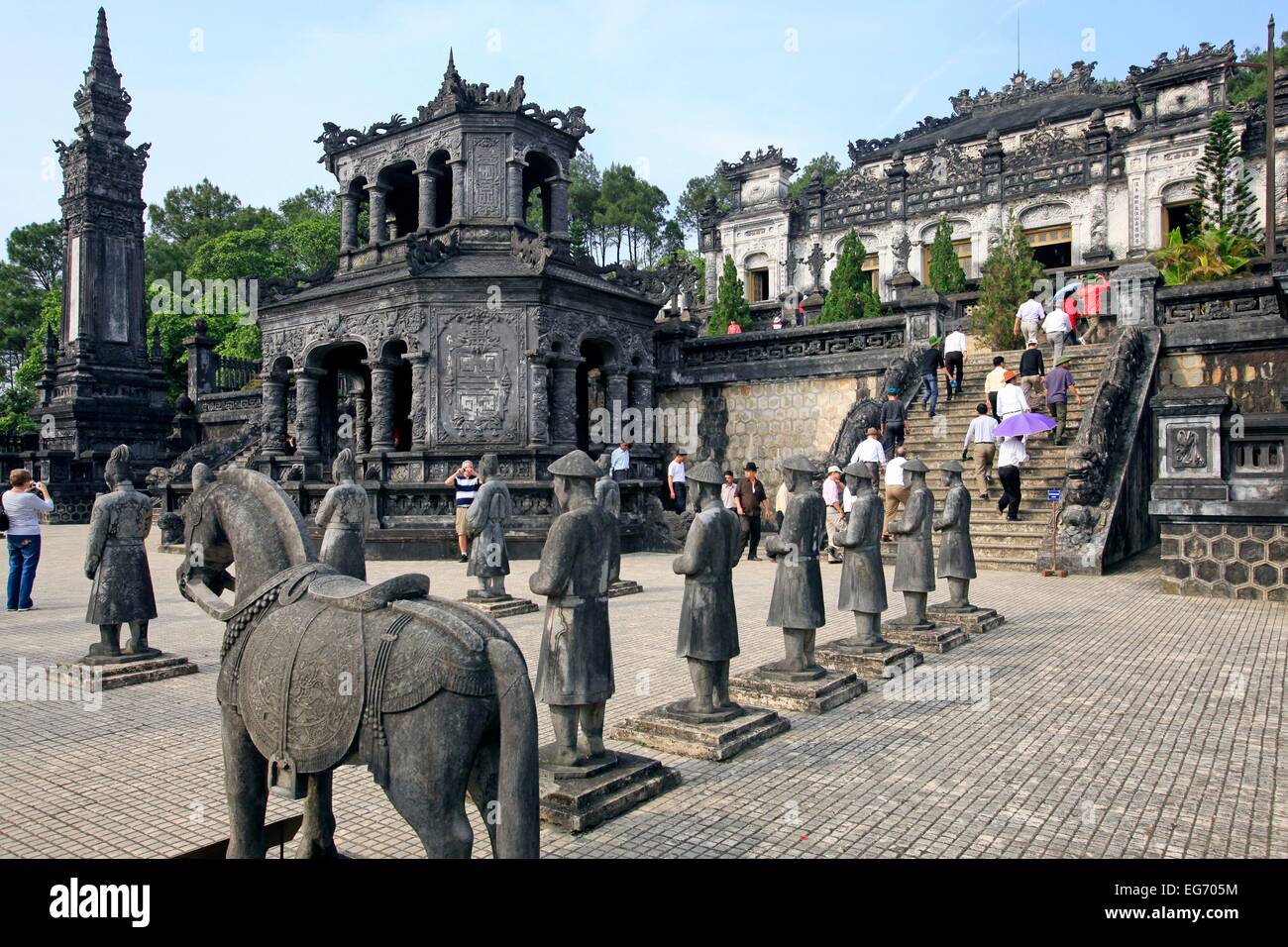 Horse and Mandarin statues at the Tomb of Khai Dinh in Hue, Vietnam. Stock Photo