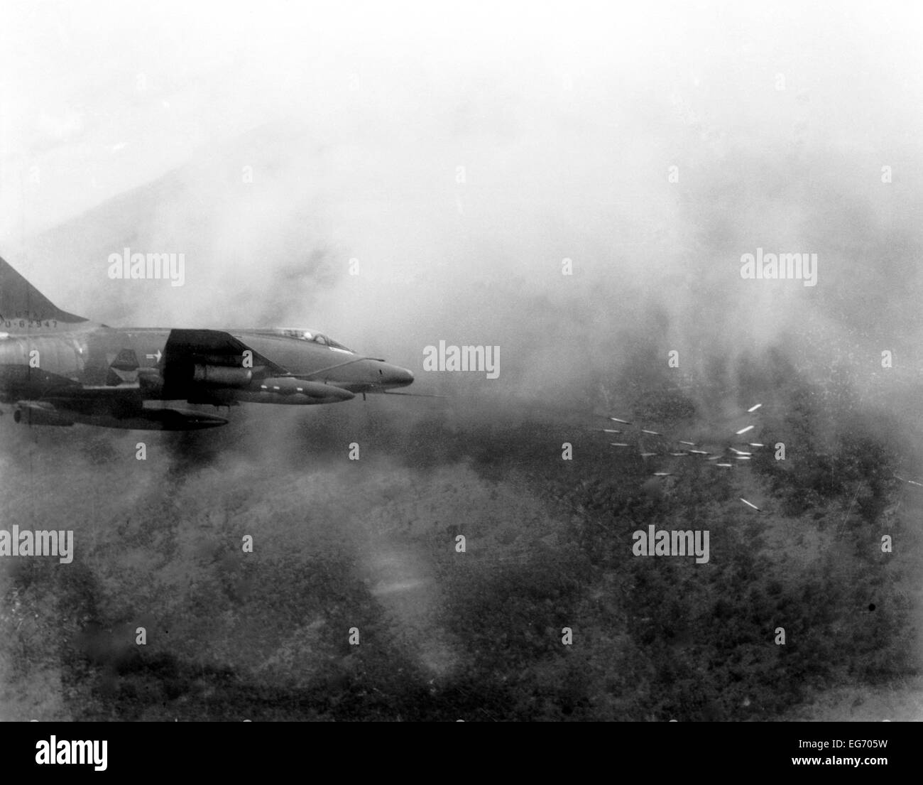 A bomb attack of the USA on the Vietnamese jungle in May 1967. Stock Photo