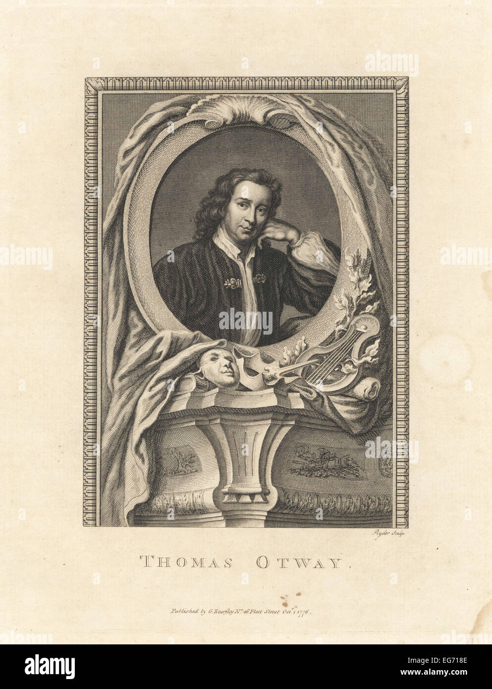 Portrait of Thomas Otway, English Restoration poet and dramatist, 1652-1685. Within an oval decorated with lyre, dramatic mask and flowers. Stock Photo
