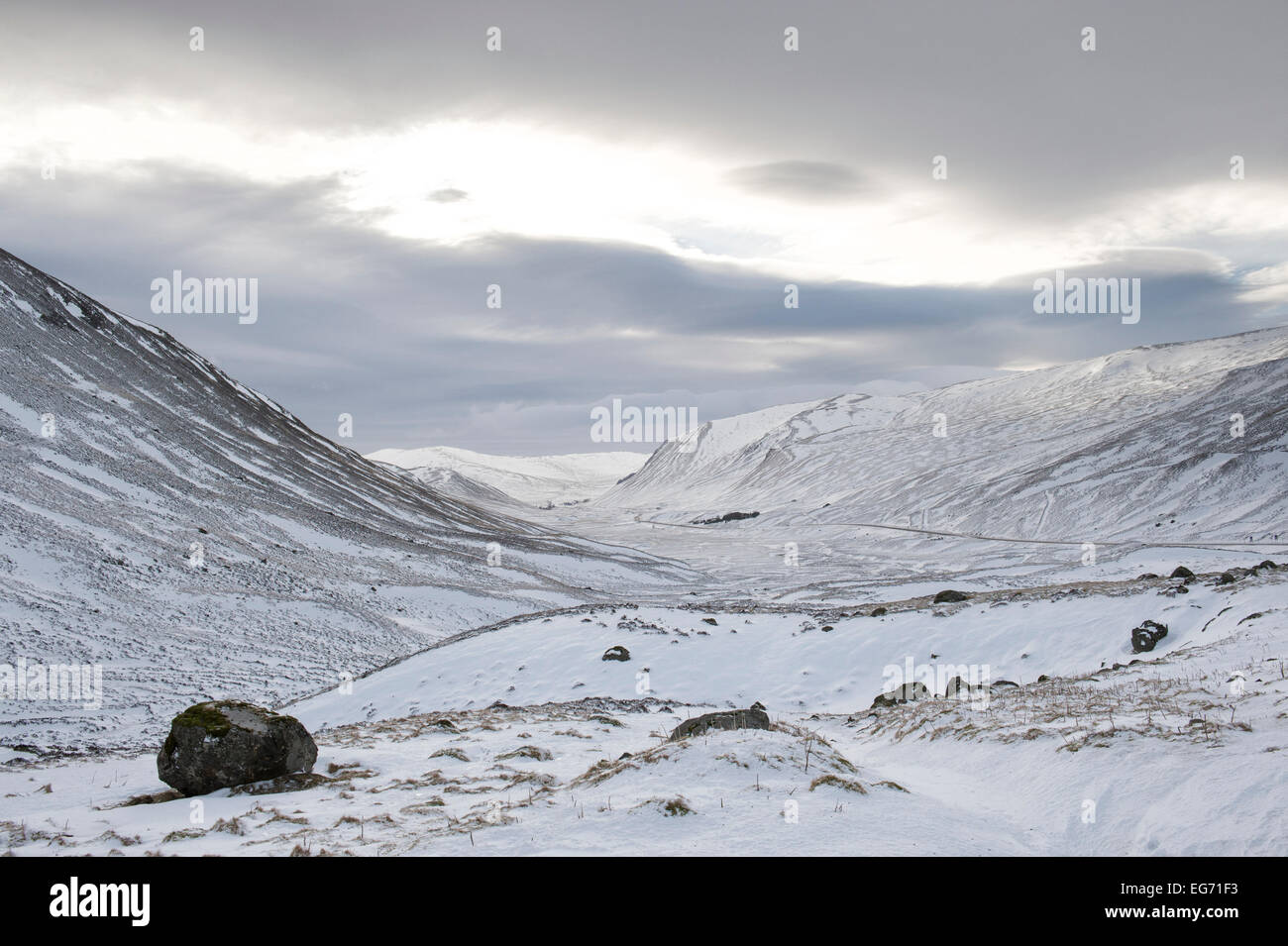 Braemar Pass in the Cairngorms National Park in winter snow. Scottish Highlands. Scotland Stock Photo