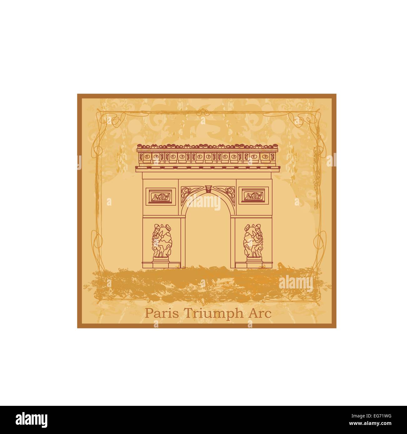 Hand drawn vector illustration of Paris Triumph Arc - Grunge Background Stock Vector