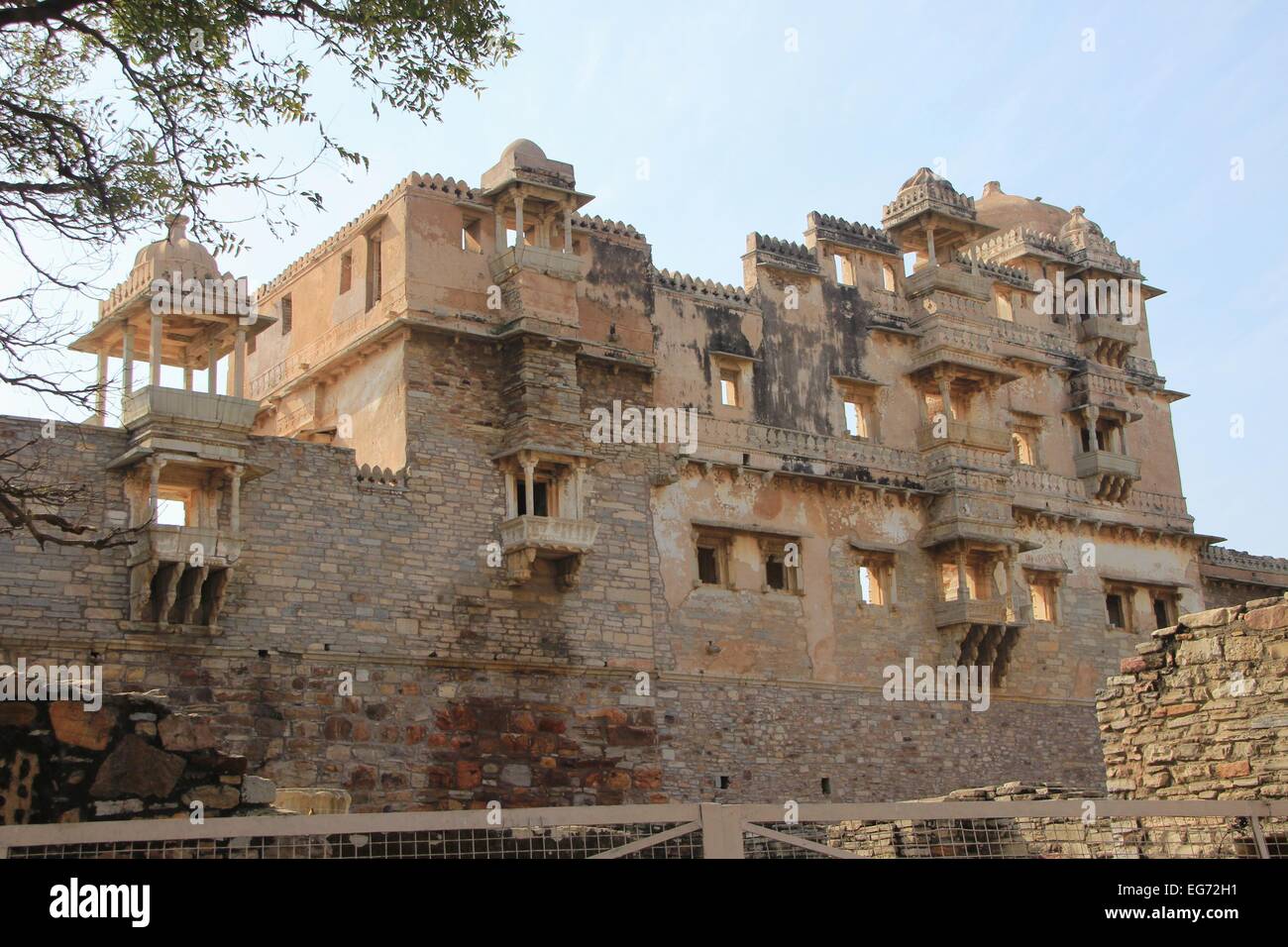 Backlit frontal view of Rana Kumbh Palace at Chittorgarh Fort, Rajasthan, India, Asia Stock Photo