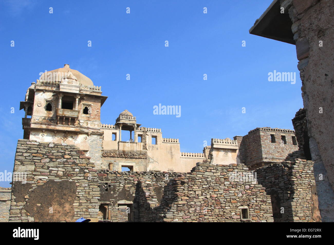 View of balcony behind broken walls at Kumbh Mahal, Chittorgarh Fort, Rajasthan, India, Asia Stock Photo