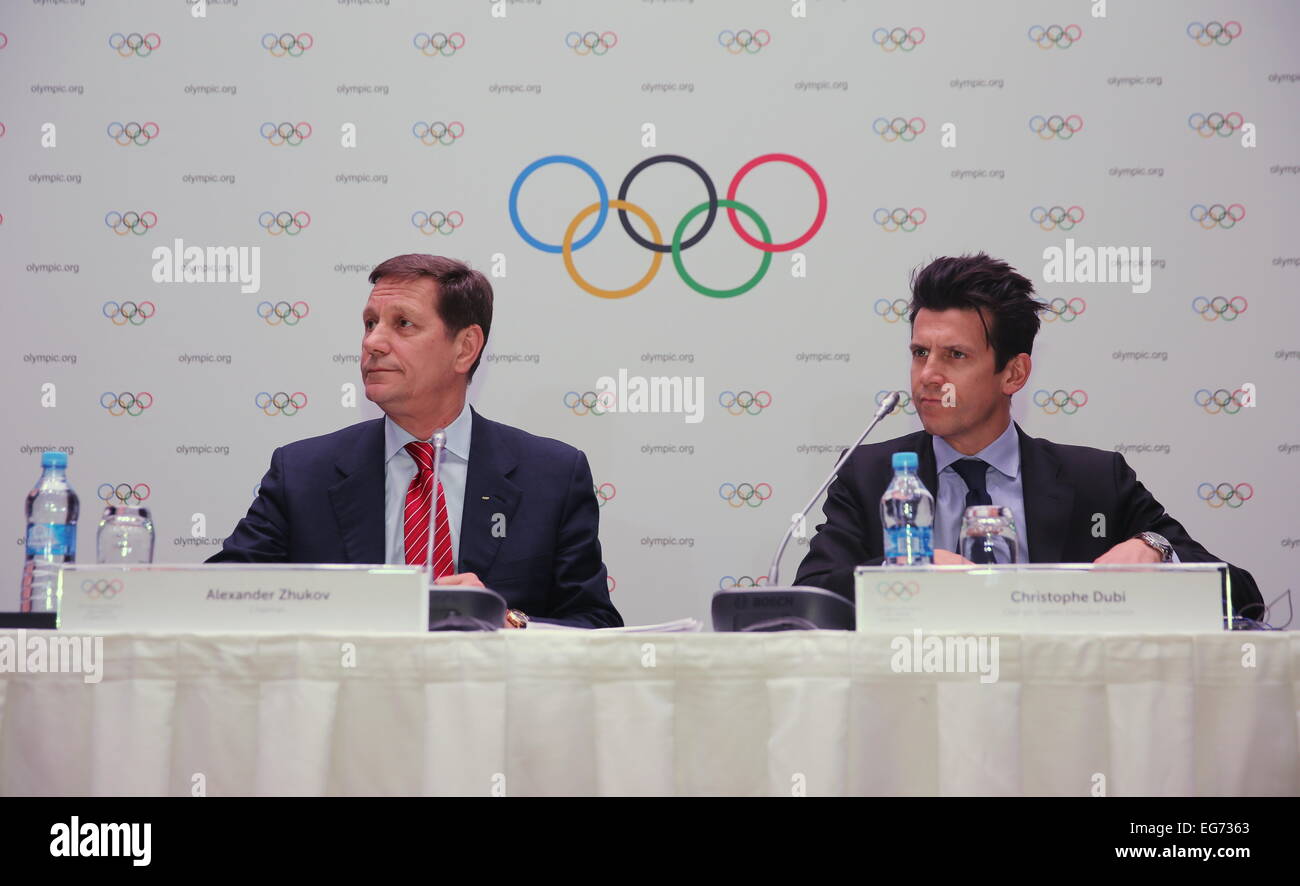 Almaty, Kazakhstan. 18th Feb, 2015. IOC Sports Director Christophe Dubi (R) and Russia's Olympic Committee chief Alexander Zhukov react during a press conference held in Almaty, Kazakhstan, on Feb. 18, 2015. The IOC evaluation commission, headed by Alexander Zhukov, completed the five-day visit in Almaty. © Miao Zhuang/Xinhua/Alamy Live News Stock Photo