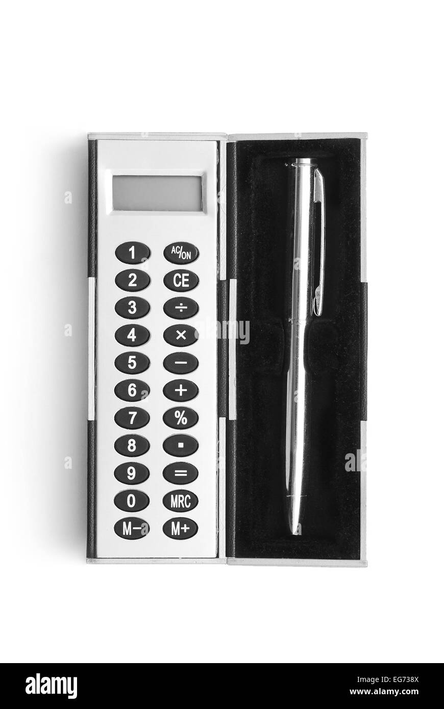 calculator and pen box on white Stock Photo