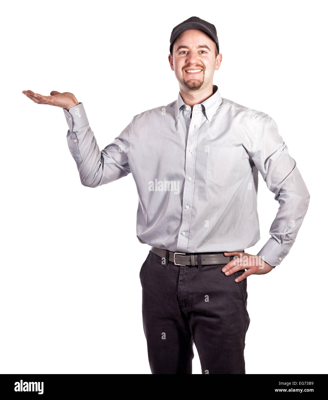 portrait of caucasian delivery man on white background Stock Photo