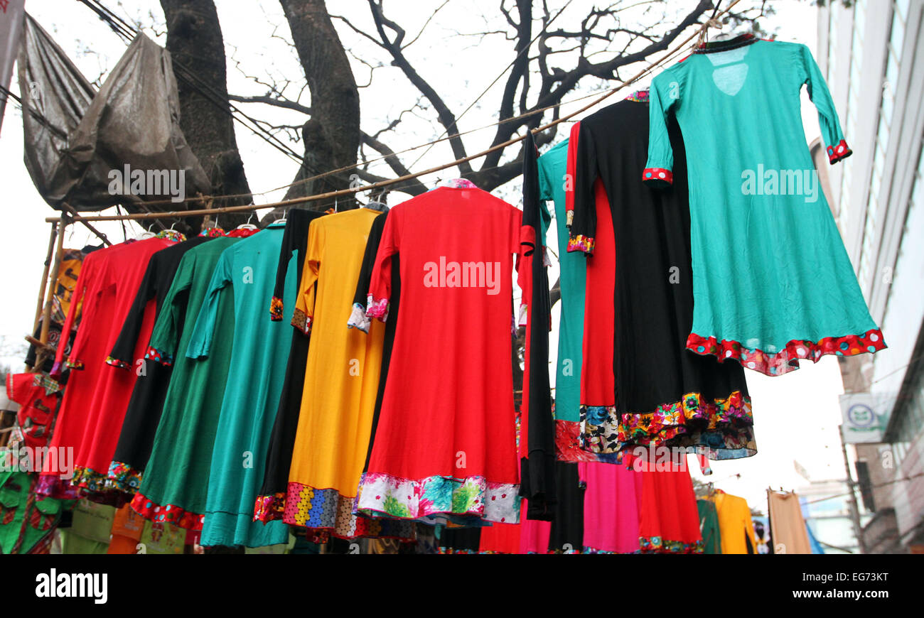 Dhaka 7 February 2015.Vendor Readymade Salwar Kameez shops on footpath in Dhaka Stock Photo