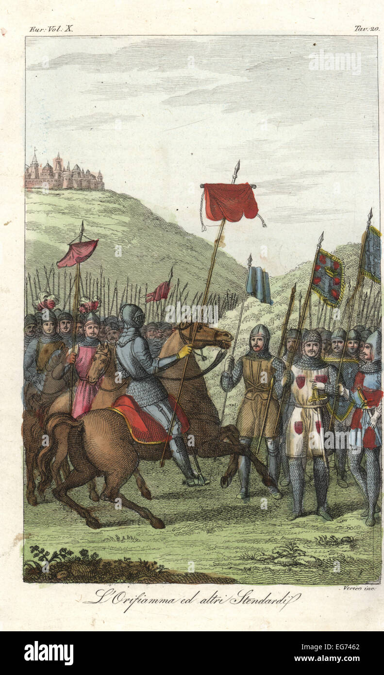 The oriflammes of Saint Dionysius and the House of Harcourt, battle standards of the King of France, and other standards carried by medieval knights on a battlefield. Stock Photo