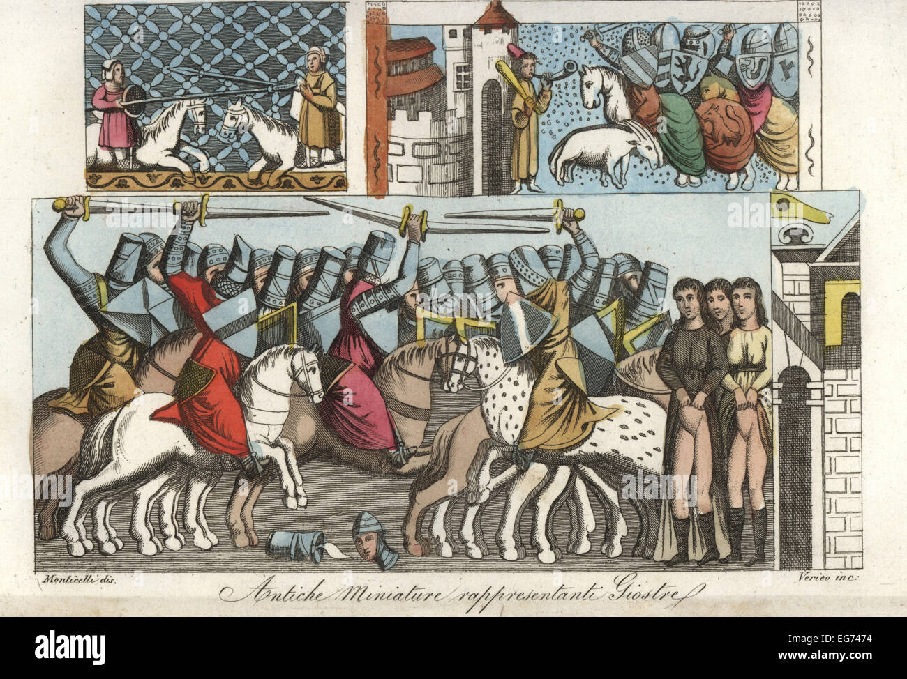 Ancient miniatures representing jousts from the Vatican Library. Stock Photo