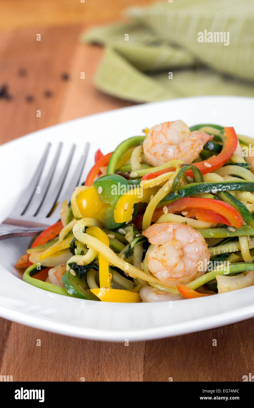 spicy shrimp sauté on vegetable zucchini noodle Stock Photo