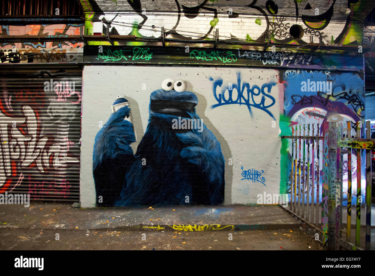 Cookie Monster Graffiti Leake Street, also known as Graffiti Tunnel underneath Waterloo Train Station, Lambeth, London, UK. Stock Photo