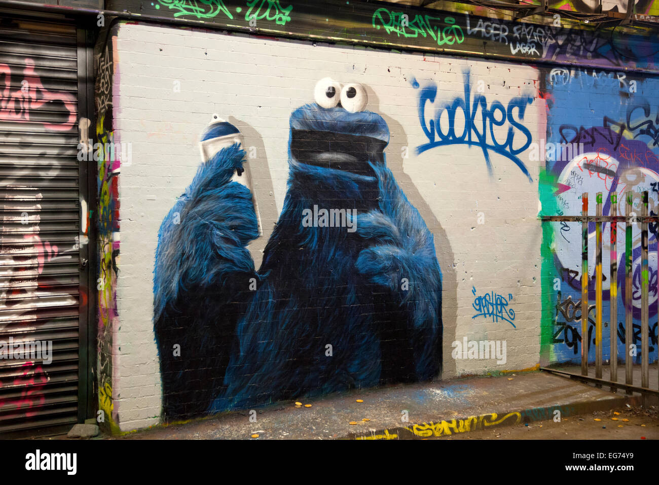 Cookie Monster Graffiti Leake Street, also known as Graffiti Tunnel underneath Waterloo Train Station, Lambeth, London, UK. Stock Photo
