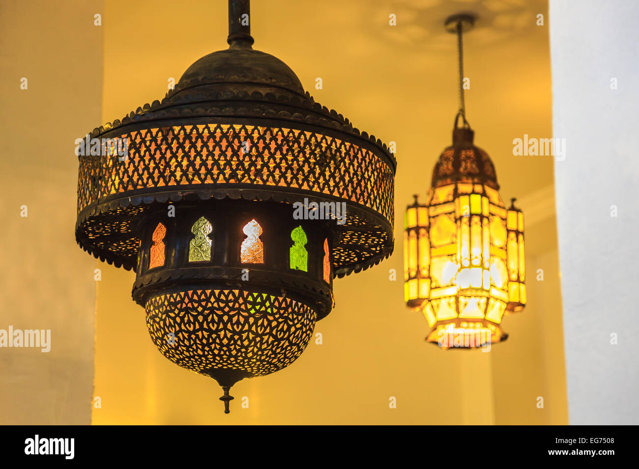 Ornate indoor Moroccan Style Lantern at Casablanca, Morocco Stock Photo