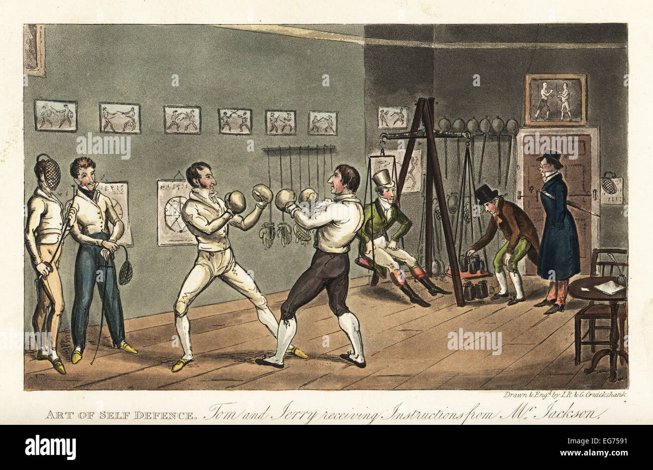 English dandy Tom taking a boxing lesson from famous boxer Gentleman John Jackson, while Jerry is weighed on a swing scale. Tom and Jerry receiving instruction from Mr. Jackson at his rooms in Bond Street. Stock Photo