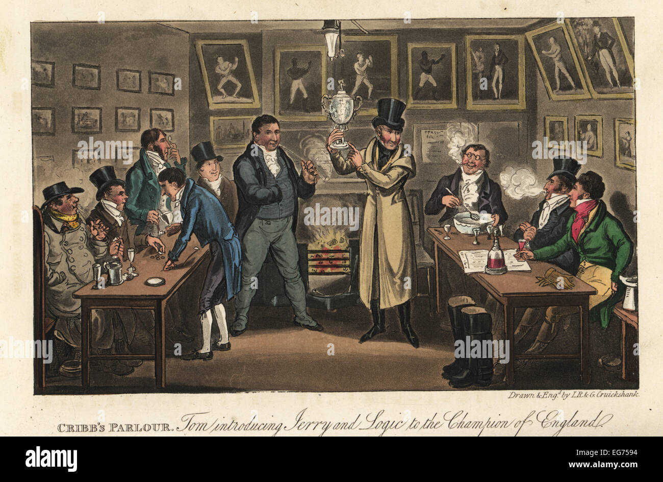 English Georgian dandies with world champion bareknuckle boxer Tom Cribb. Cribb's Parlour: Tom introducing Jerry and Logic to the Champion of England. Handcoloured copperplate engraving by Isaac Robert Cruikshank and George Cruikshank from Pierce Egan's Life in London, Sherwood, Jones, London, 1823. Stock Photo