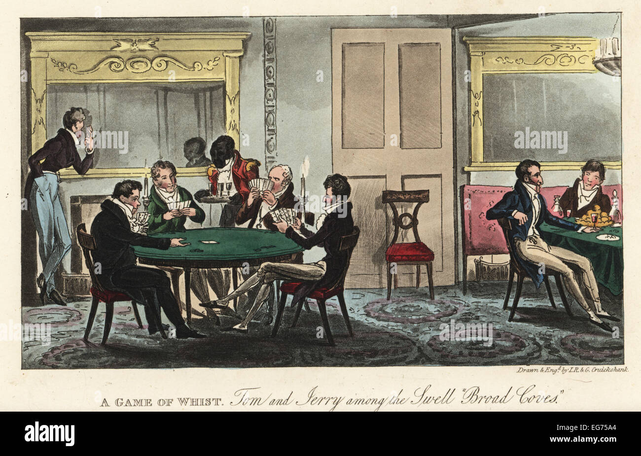 English dandies playing whist with cheating cardsharps at a London house, 1820. The gent at the mirror signalling to his fellow scam artists about the mark's hand. Tom and Jerry among the Swell Broad Coves. Stock Photo