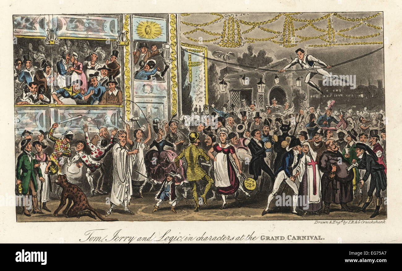 English dandies in fancy dress at a costume ball at Vauxhall Gardens, 1820. Tom, Jerry and Logic in characters at the Grand Carnival. Stock Photo