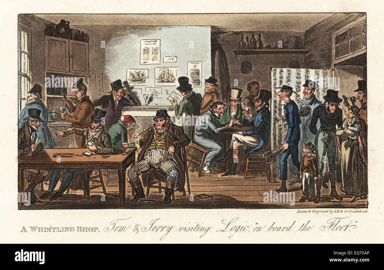 English dandies visiting a friend in a Whistling Shop (gin palace) in Fleet Prison (debtor's gaol). Tom and Jerry visiting Logic 'on board the Fleet.' Handcoloured copperplate engraving by Isaac Robert Cruikshank and George Cruikshank from Pierce Egan's Life in London, Sherwood, Jones, London, 1823. Stock Photo