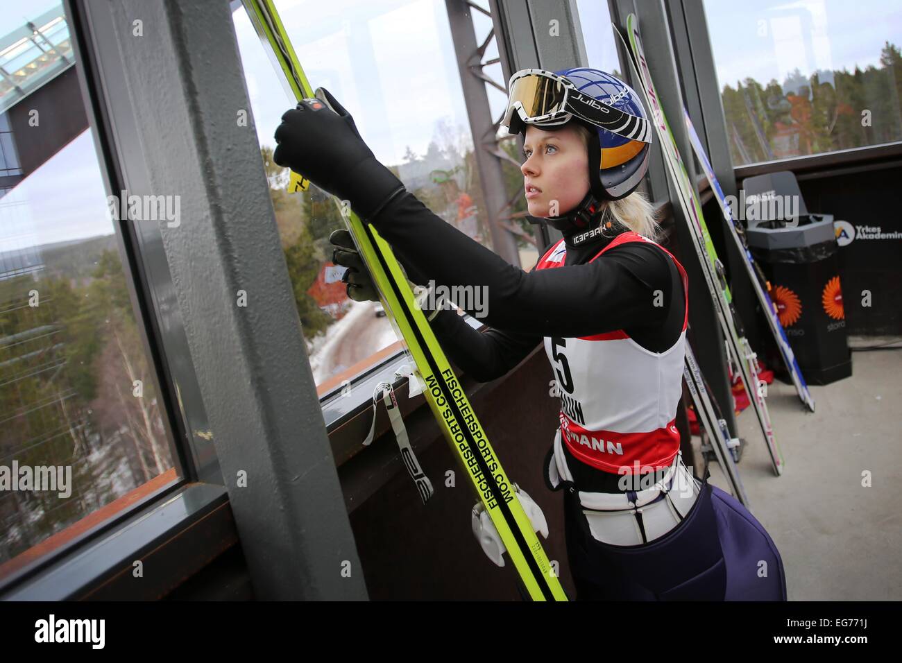 Falun, Sweden. 18th Feb, 2015. Susanna Forsstroem of Finland prepares for her jump during a