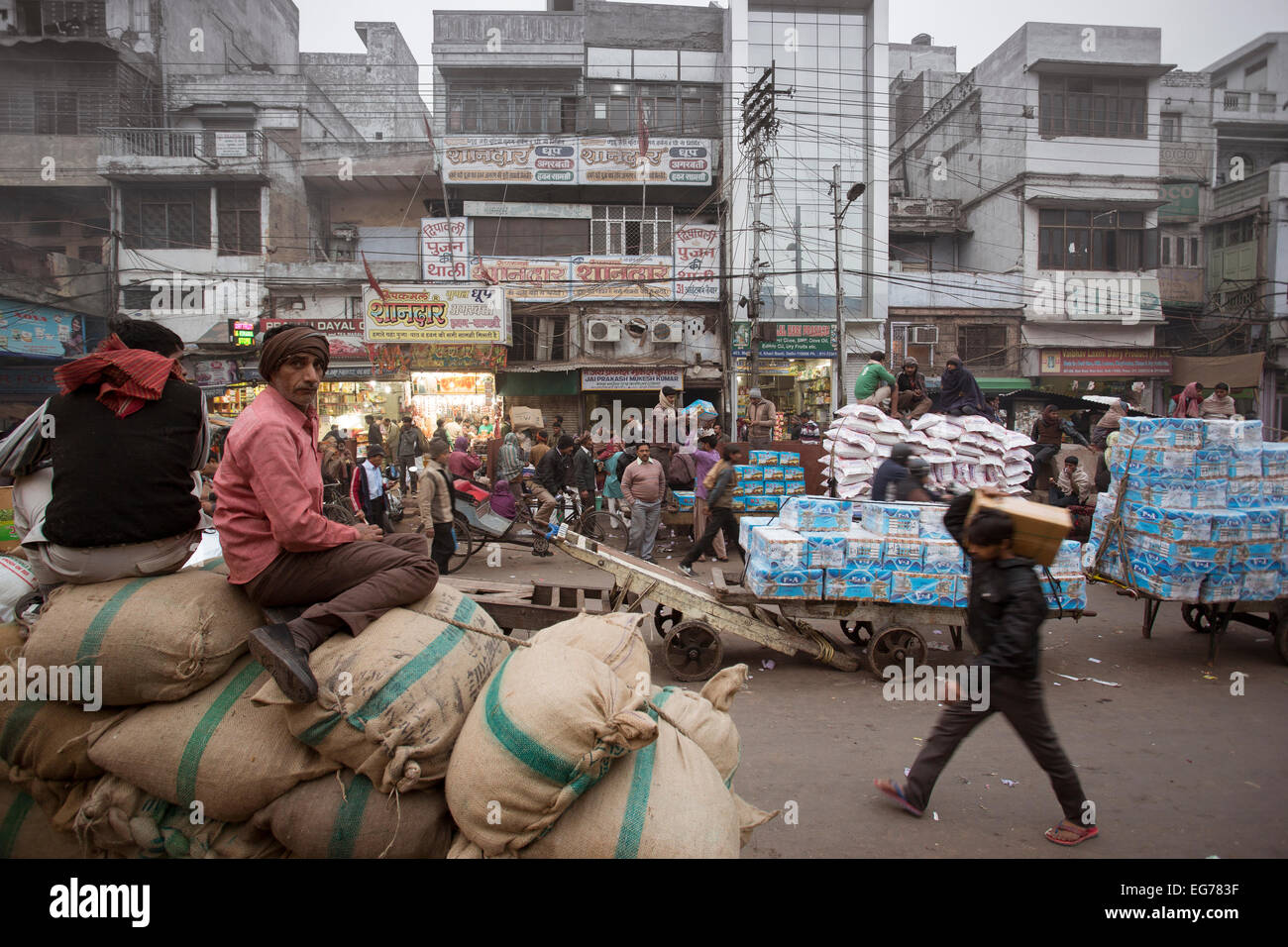 Crowded Street in Old Delhi, India (near spice market). Stock Photo