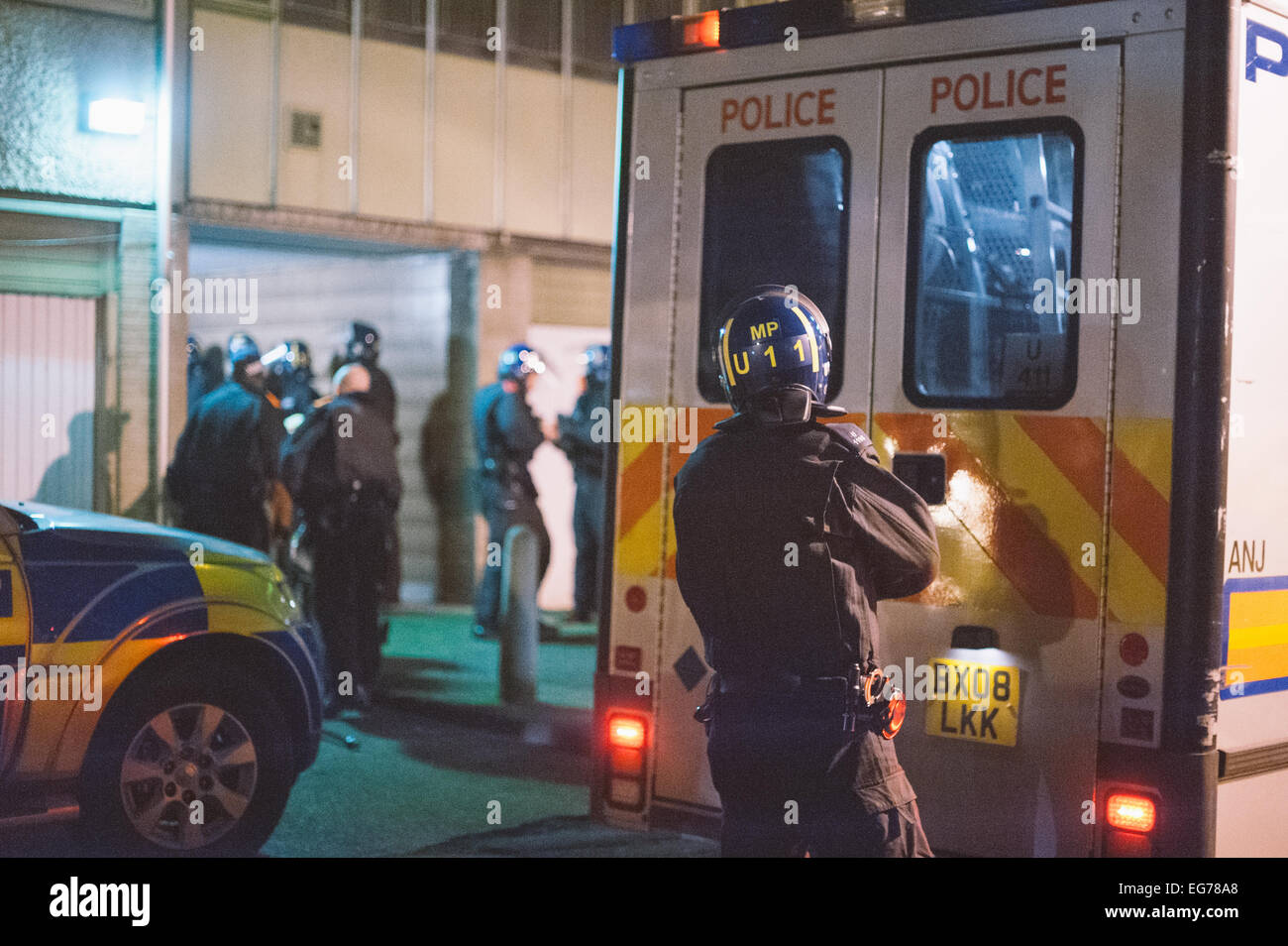 London, UK. 17th February, 2015. The eviction at Aylesbury Estate, 77 – 105 Chartridge, Westmoreland Road on 17th February 2015 of housing activists on one of europe's largest Estates.  Protesters gathered as police in riot gear cut down barricades and make arrests. Credit: Richard Skinner/Alamy Live News Stock Photo