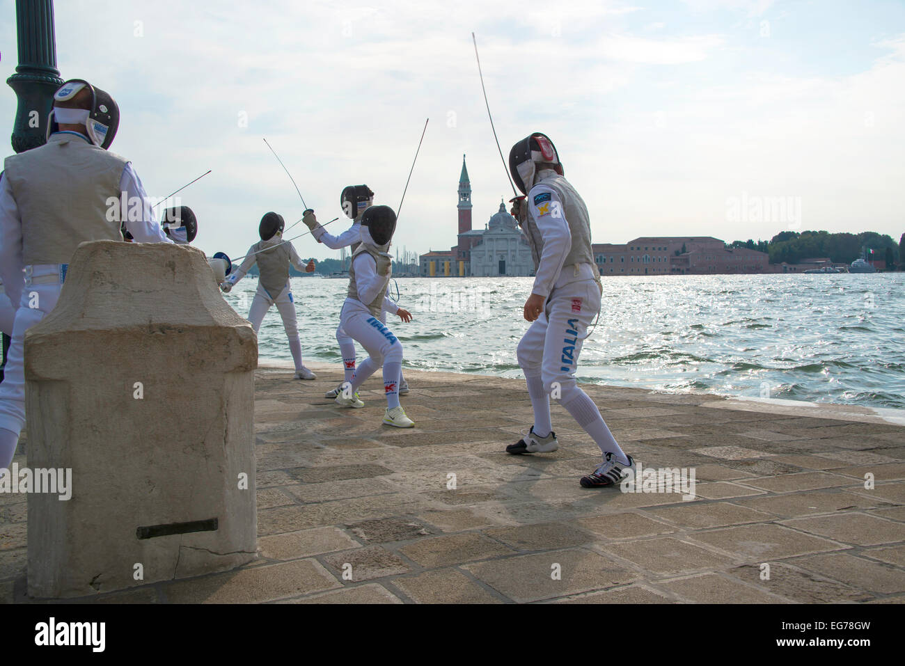 Foil Fencing at Dogana on Grand Canal Venice Stock Photo