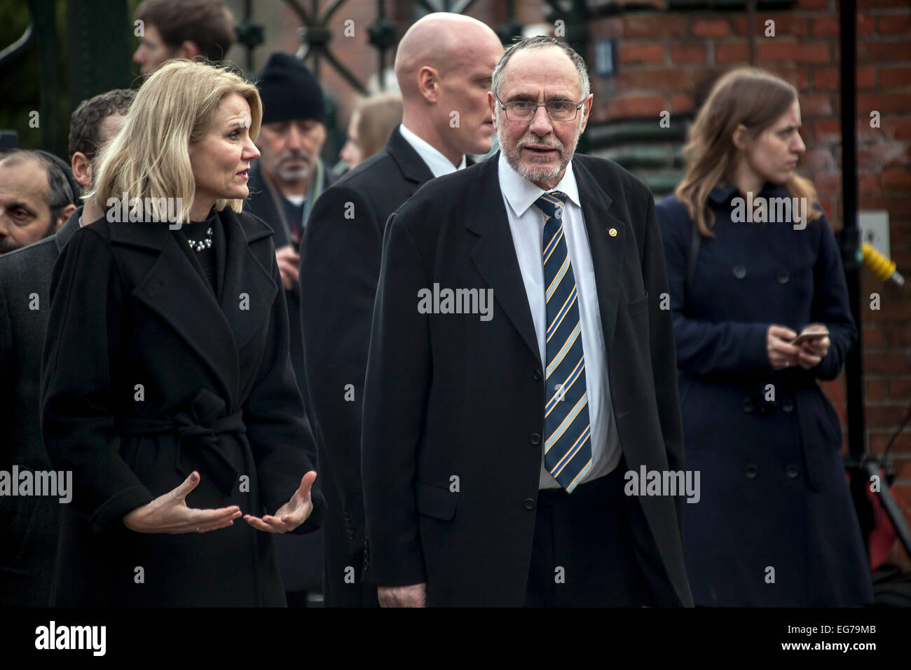 Copenhagen, Denmark. 18th February, 2015.  Danish Prime Minister, Helle Thorning-Schmidt, participates in the funeral ceremony of Jewish Dan Uzan, who was murdered by a terrorist at the Jewish synagogue in Copenhagen early Sunday morning. Credit:  OJPHOTOS/Alamy Live News Stock Photo