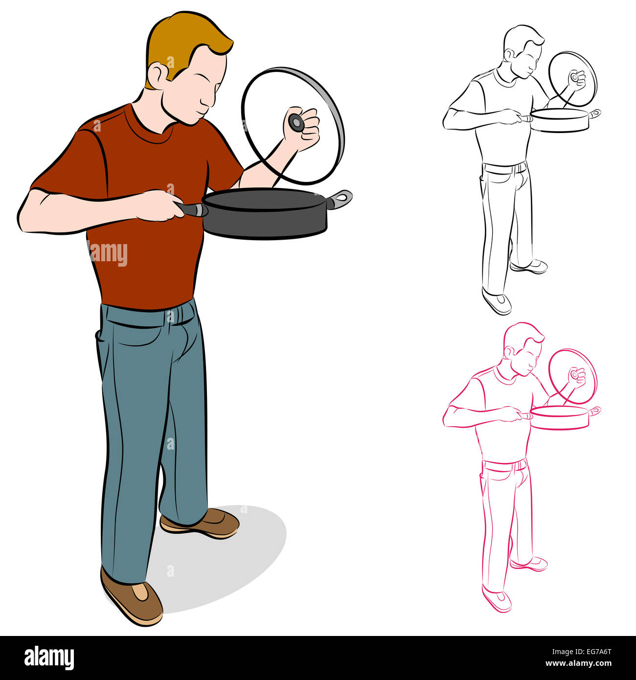 An image of a man lifting the lid off a large cooking pan Stock Photo