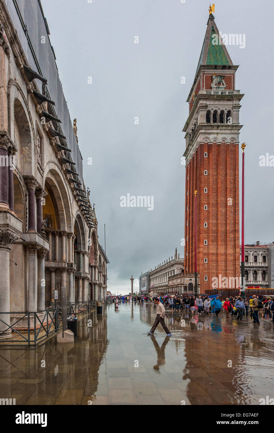 VENICE, ITALY - June, 07: Flood in Venice, acqua alta on Piazza San Marco on June, 07, 2011 in Venice, Italy Stock Photo