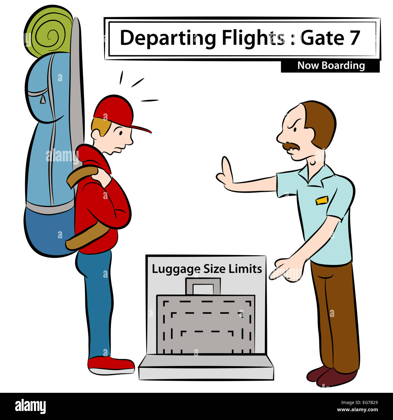 An image of a airport attendant stopping man with oversized luggage. Stock Photo