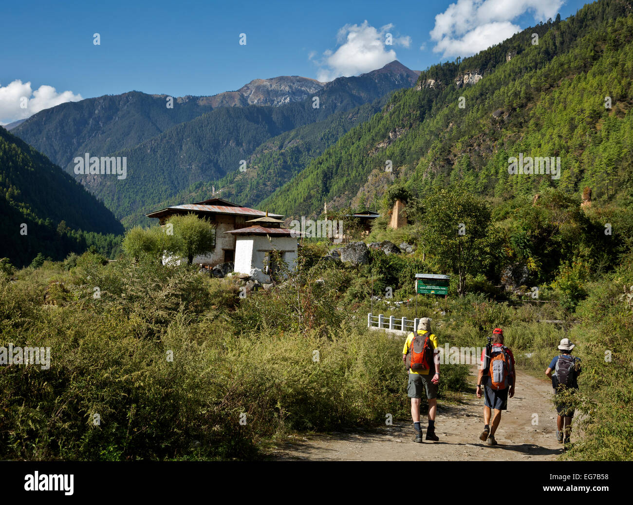 BHUTAN - Trekkers on the Jhomolhari 2 Trek heading up the Paro Chhu Valley to the entrance to Jigme Dorji National Park. Stock Photo