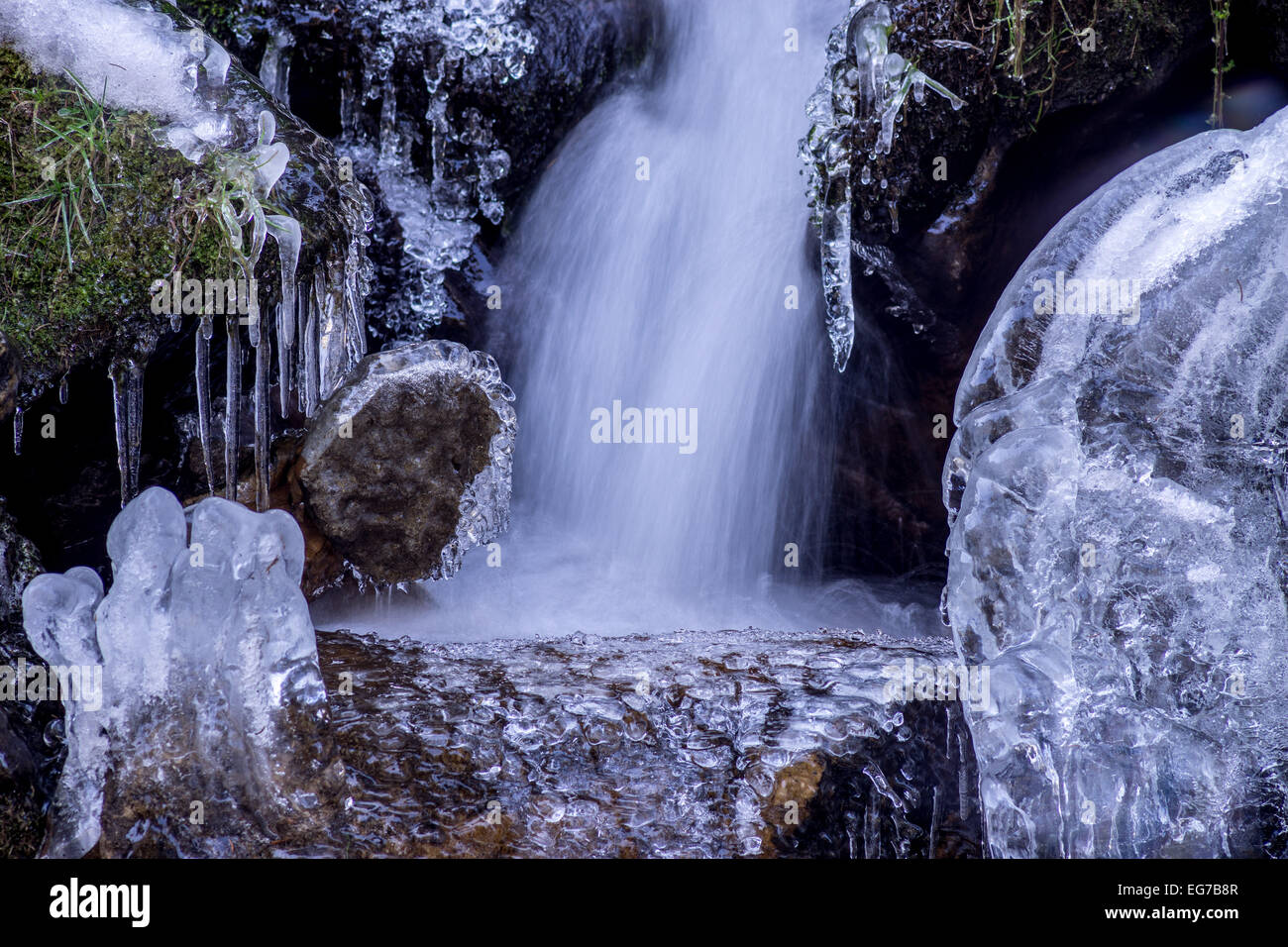 Icicles on boulders and flowing water Stock Photo