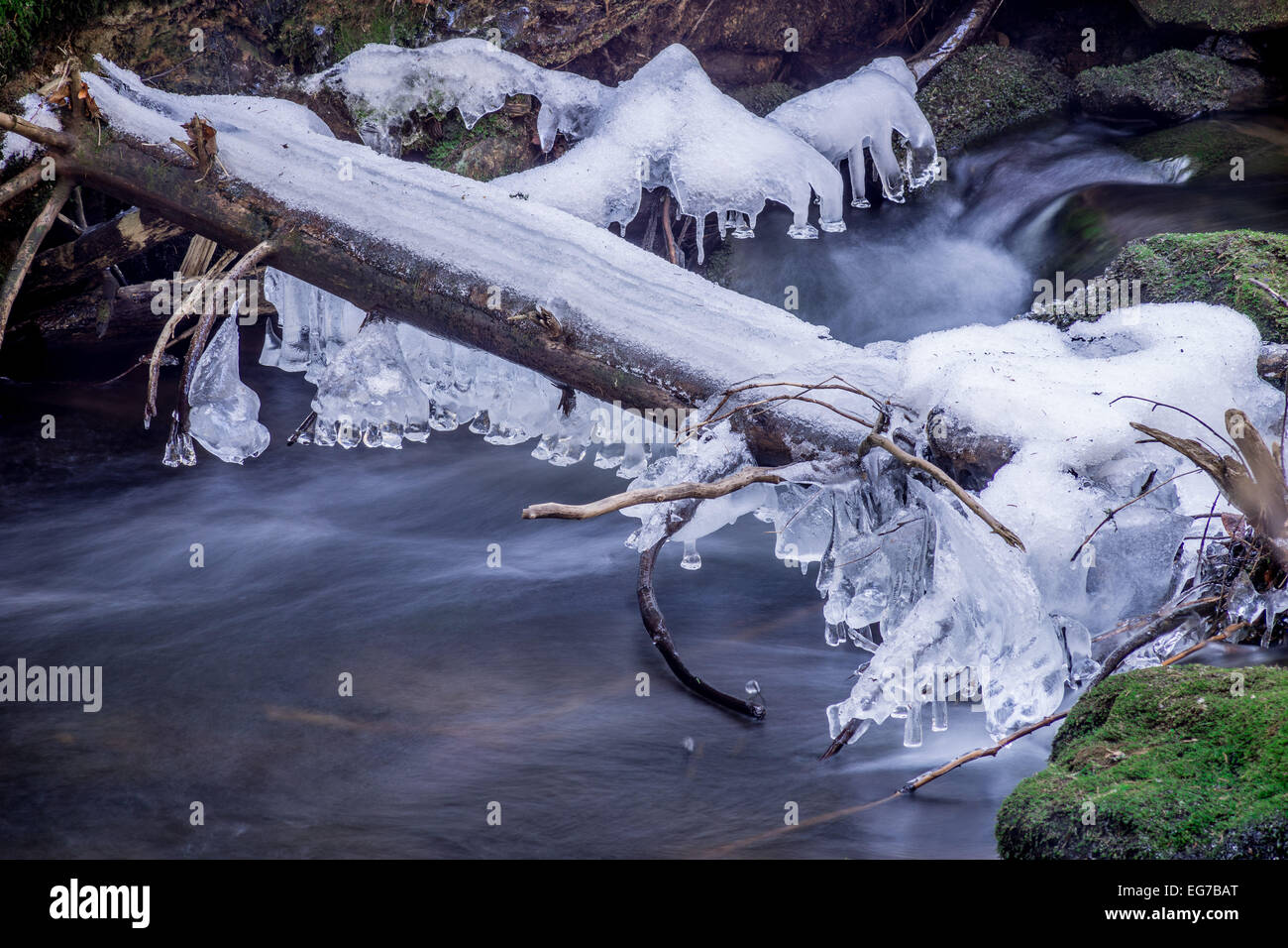 Icicles and snow on stump in flowing water Stock Photo