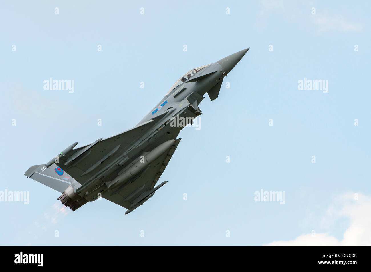 RAF Typhoon in flight, blue sky Stock Photo