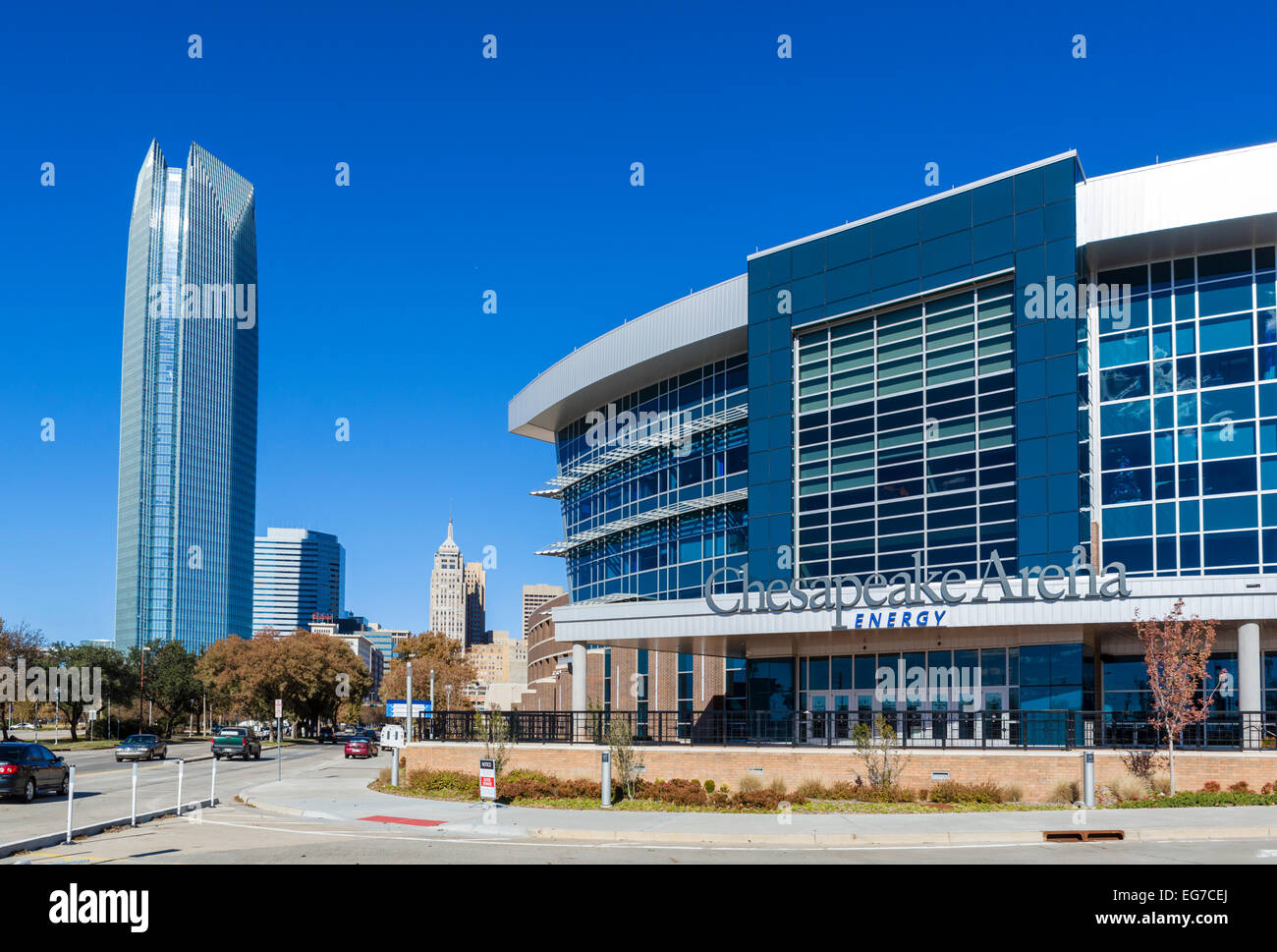 Chesapeake Energy Arena from Thunder Drive with the Devon Tower to the left, Oklahoma City, OK, USA Stock Photo